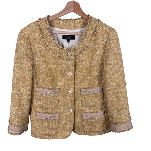 Talbots Women Size 10 Gold Fringe Tweed Pocket Cropped Metal Crest Button Blazer - Picture 1 of 10